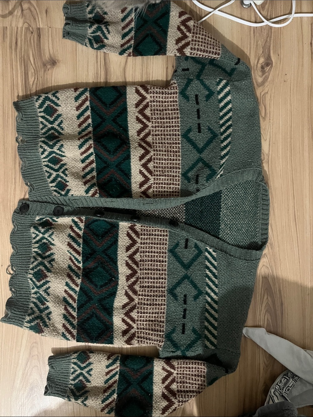 ROMWE Green Patterned Open-Front Cardigan with Cream and Brown Accents